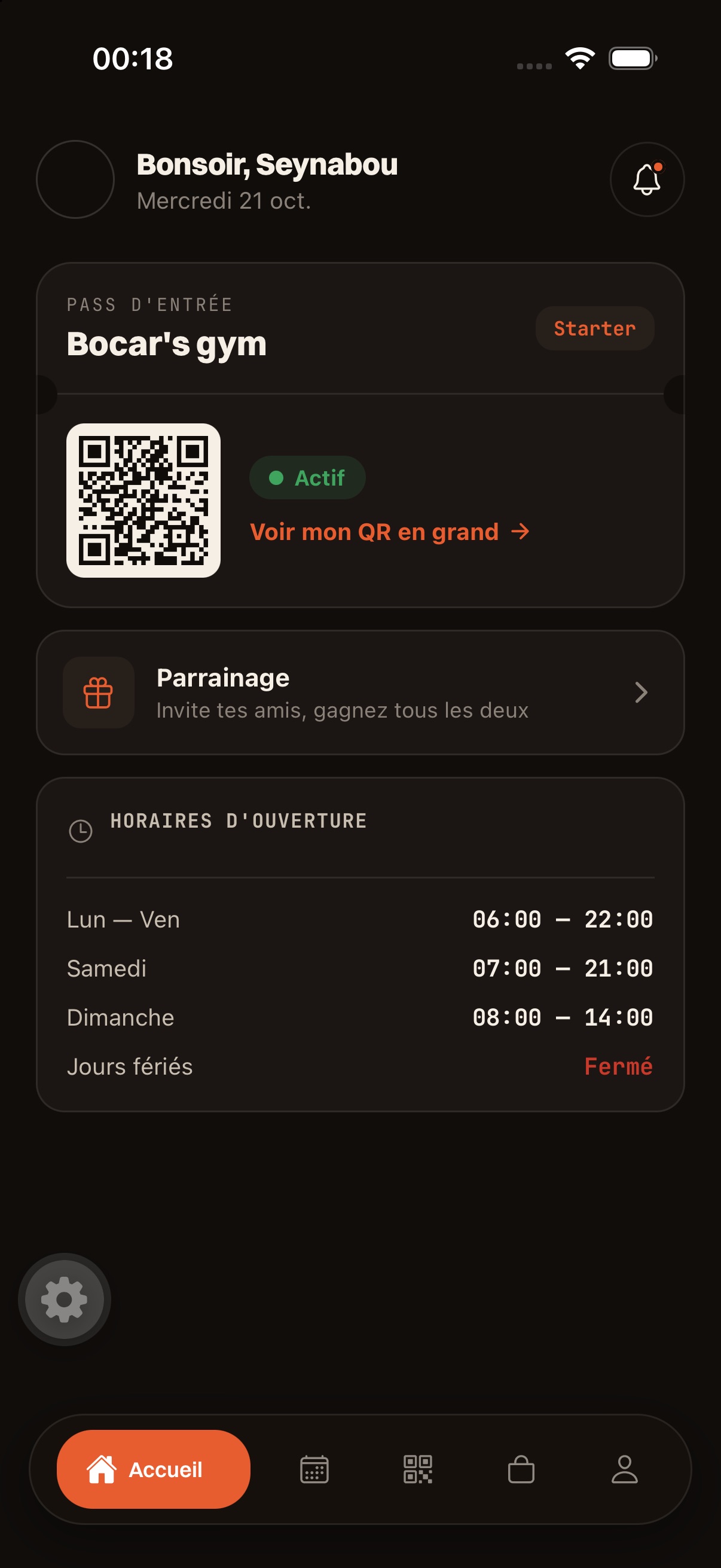 App Digital Fit — accueil avec le pass d'entrée et les horaires de la salle